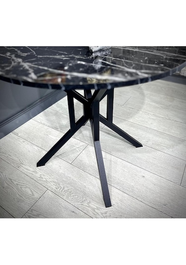 Selin Siyah Mermer Yuvarlak Mutfak Masası Yemek Masası Balkon Masası Metal Siyah Ayak 90 Cm
