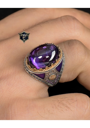 Ametist Taşlı 925 Ayar Gümüş Erkek Yüzüğü Zirkon Taş Süslemeli 800343