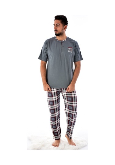 Pemilo 31101 - 1 2105 Ekose Desenli Kısa Kol Erkek Pijama Takımı Füme