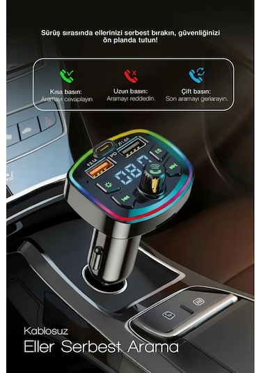 Bluetooth Araç Çakmaklık Fm Transmitter 48w Pd Hızlı Şarj Çift Mikrofon Araç Şarj Cihazı