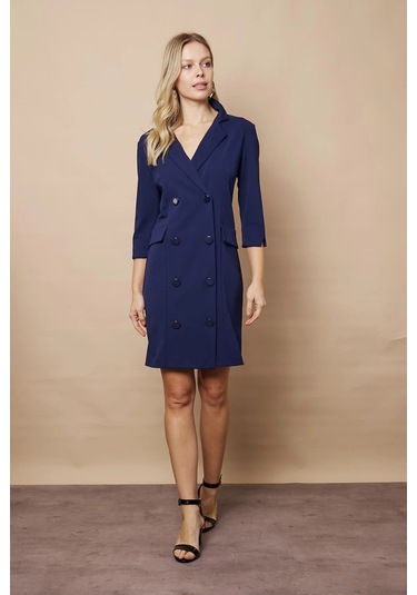 Yakalı Sırt Dekolteli Anvelop Truvakar Kol Likralı Krep Kumaş Düğmeli Ceket Elbise-lacivert Lacivert