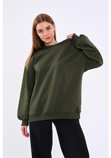 Comeor Haki Kadın Pamuklu Oversize Basic Bisiklet Yaka Sweatshirt 001