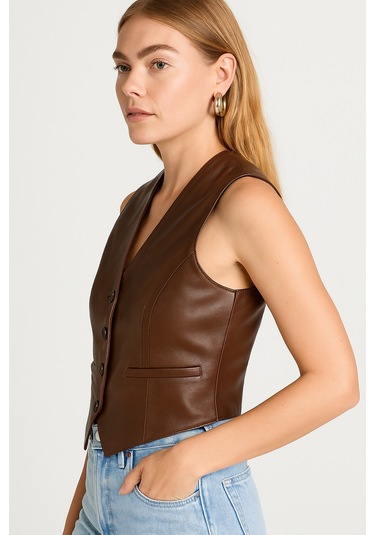 Hakiki Deri Kahverengi Kadın Yelek Kahverengi