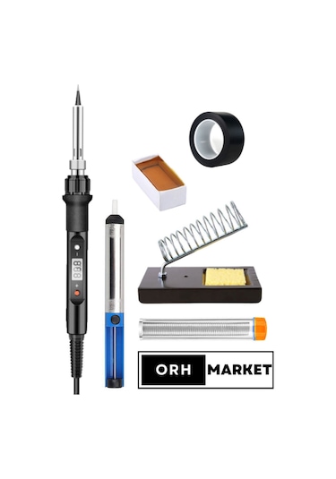 80W LCD Lehimleme Seti – Dijital Sıcaklık Ayarlı Havya, Stand, Lehim Pastası, Pompa, Elektrik Bandı