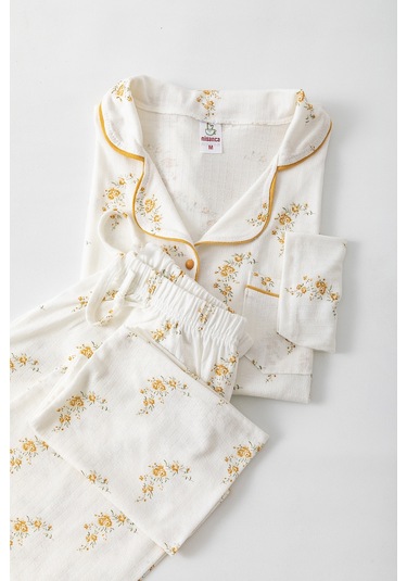 Uzun Kol Gömlek Yaka Kadın Pinterest Pijama Takımı - Mevsimlik Kadın Pijama- Geniş Beden Aralığı Hardal