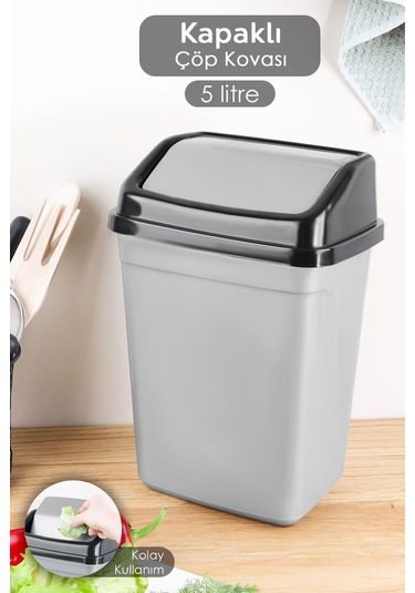 Kapaklı Plastik Çöp Kovası - Ev Ofis Banyo Mutfak Tezgah Üstü Çöp Kovası Gri 5 Litre Gri