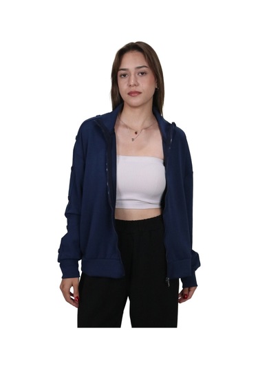 Kadın Modal Kumaş Dik Yaka Rahat Kalıp Lacivert Ceket Hırka Lacivert