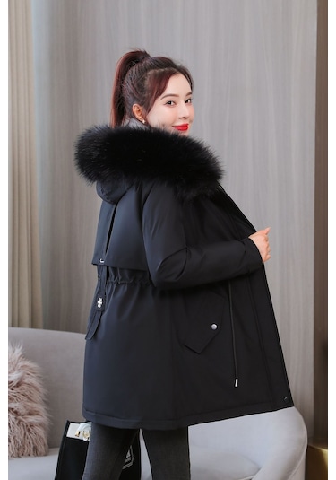 Snapbuy Kalın, Yumuşak Dolgulu, Midi Boy, Kapüşonlu, Kürk Detaylı Kadın Mont Siyah