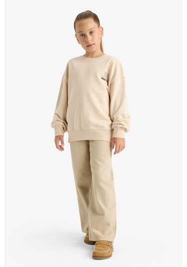 Defacto Kız Çocuk Oversize Geniş Kalıp Bisiklet Yaka Baskılı Sweatshirt E6755a825auer230 Ekru