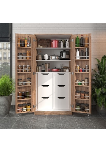 165 Derece Açılabilir 2 Kapaklı, 6 Çekmeceli, Kavanoz Raflı Kiler Ve Erzak Mutfak Dolabı Atlantik Çam