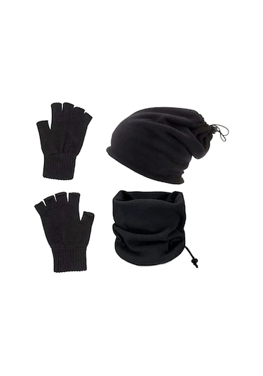 Eke Tekstil 3'lü Set Soğuk Geçirmez Termal Polar Boyunluk Bere ve Örgü Kesik Eldiven Siyah