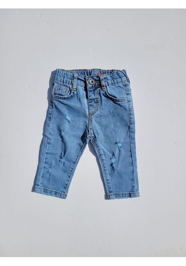 Erkek Bebek Beli Lastikli Yırtık Detaylı Kot Pantolon-11699-kot Mavi