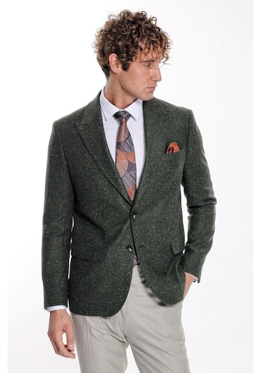 Kazayağı Desenli Yün Yeşil Erkek Ceket Taba