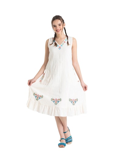 Kolsuz Şile Bezi Mehtap Midi Boy Elbise Krem Krm-krem