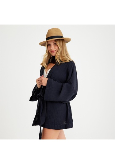 Pamuklu Dokuma Beli Kuşaklı Mini Kadın Kimono Kaftan - Standart Siyah