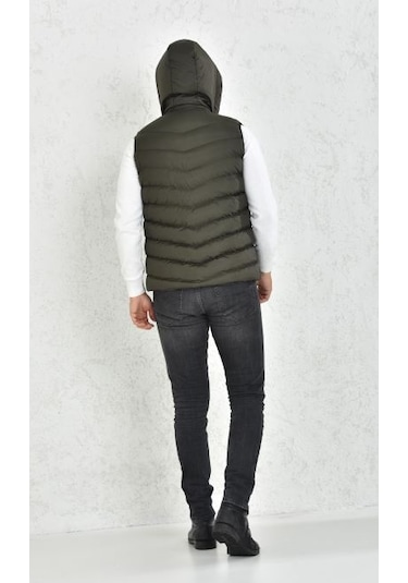 Erkek Haki Jel Dolgu Çıkarılabilir Fermuarlı Kapüşon Şişme Yelek