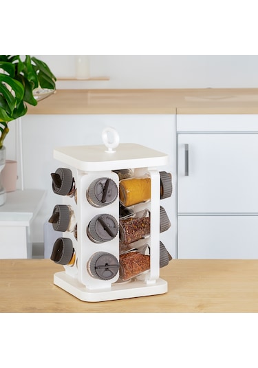 Porsima 1081 Kare Döner Standlı Döner Kapaklı Cam Baharatlık Antrasit - Beyaz