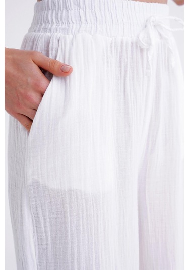 4286 Kadın Bol Paça Beli Lastikli Müslin Palazzo Pantolon Beyaz Beyaz