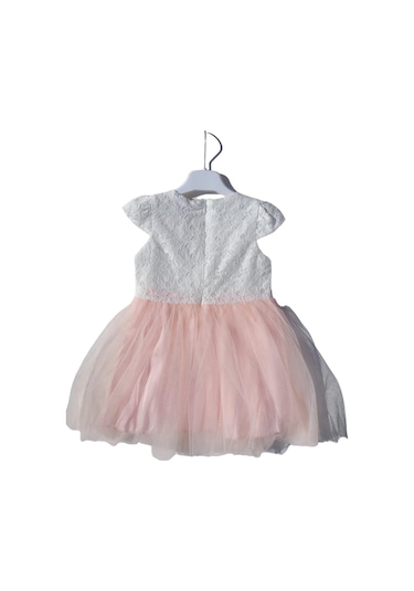 Kız Çocuk Güpürlü Tüllü Fiyonklu Tütü Elbise-12658-pudra Pudra