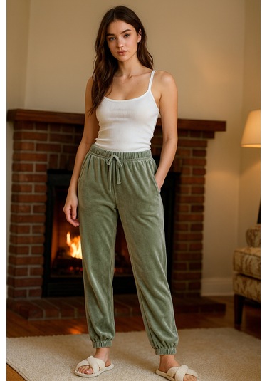 Kadın Paçası Lastikli Cep Detaylı Kadife Kumaş Tek Alt 503 Haki Haki