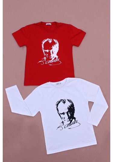 Fyk Kids 2'li Atatürk-imza Farklı Desenli Erkek-kız Çocuk T-shirt Beyaz Kırmızı - Beyaz