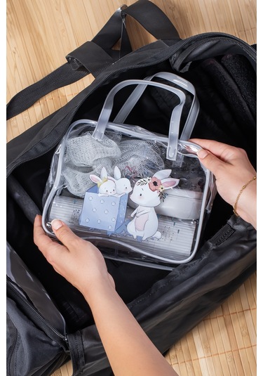 Porsima 3145 Tavşan Figürlü Seyahat Seti - Diş Fırçası Kutusu Banyo Lifi Sabun Kutusu Gri Gri