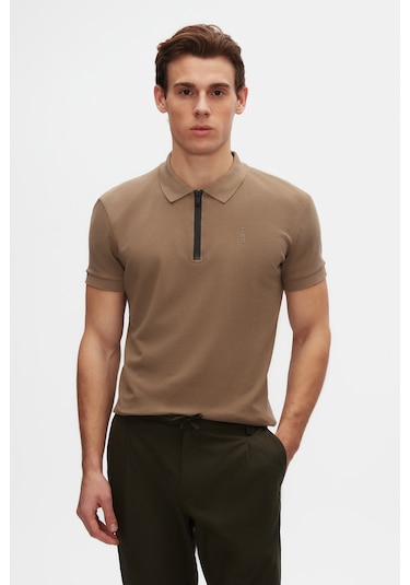 Twn Slim Fit Vizon Pike Dokulu Yarım Fermuarlı Polo Yaka T-shirt 4ec14ortfrplo Vizon