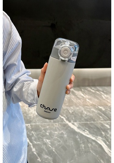 Pipetli Kapaklı Paslanmaz Çelik Isı Yalırımlı Termos Kupa 400 Ml - Gri Gri