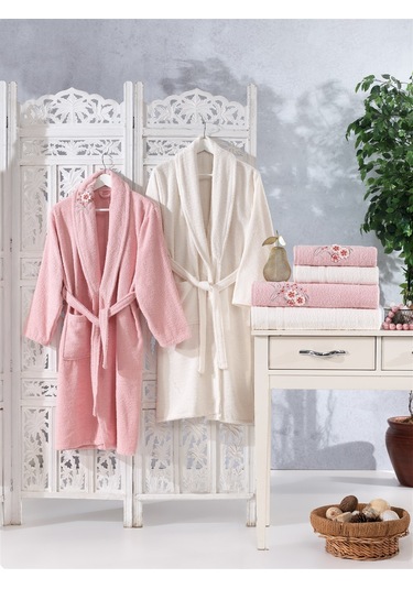 Family Nakışlı Pembe & Krem Aile Bornoz Seti 6 Parça Çeyizlik Kad