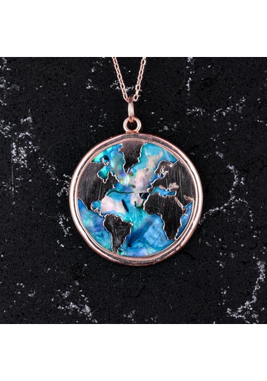 Dünya Haritası Kolye, 925 Ayar Gümüş Rose Gold Kaplama Kolye, Farklı Dünya Tasarımı Gümüş