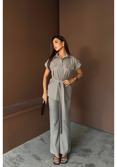 Ge Ticaret Çizgili Polyviskon Bluz - Pantolon Takım - Gri Gri