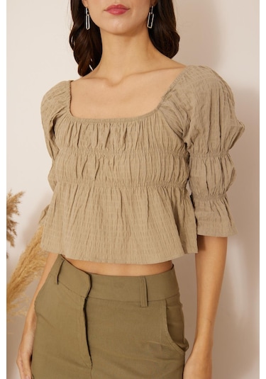 Darlin Moda Haki Büzgülü Crop Bluz Dm7001