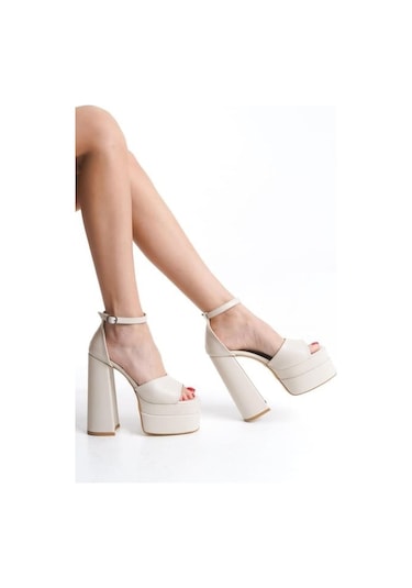 Asmi Shoes Kadın Wilma Bej Tek Bantlı 15 Cm Çift Platform Topuklu Ayakkabı Bej