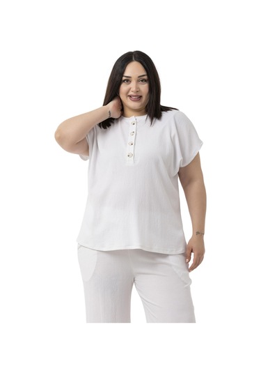 Büyük Beden Düşük Kollu Bluz Pantolon Beyaz İkili Takım Beyaz