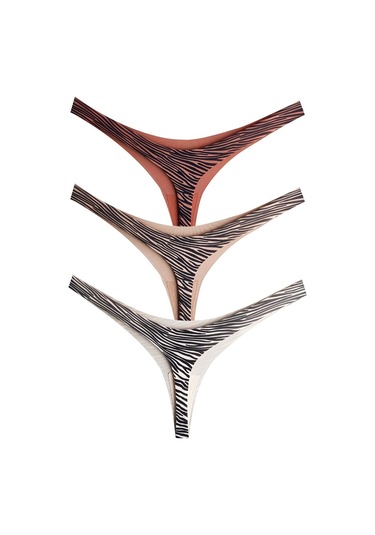 Basic Desenli Lazer Kesim Kadın Tanga Külot 3'lü Paket-1 Renkli-2 Çok Renkli