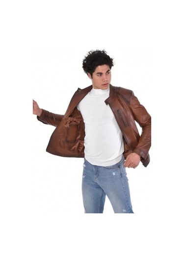 Hakiki Deri Kahverengi Oscar Hakim Yaka Erkek Deri Ceket Kahverengi