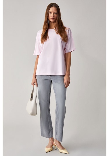 LAGERTHA Kadın %100 organik Pamuklu Kalın Dokulu Oversize Fit Yuvarlak Yakalı Açık Pembe T-Shirt