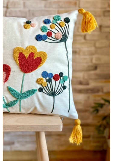 Swita Home Punch İşlemeli Tekli Dekoratif Özel Tasarım Kırlent Kılıfı Panç Çok Renkli