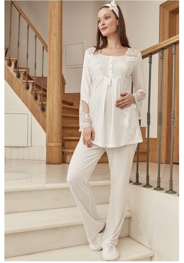 Mecit Pijama Mecit 5015 Bayan Hamile Lohusa Ekru Dantelli Pijama Takımı 001
