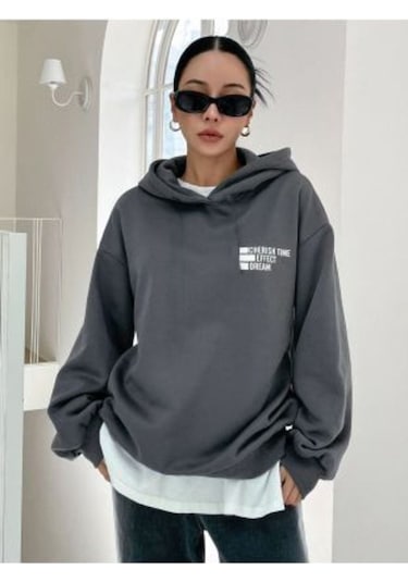 Clayes Effect Sweatshirt - Füme Baskılı Oversize Kapüşonlu Gri