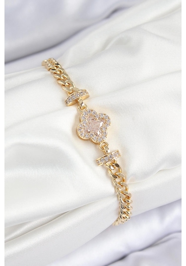 Pirinç Zirkon Taşlı Yonca Model Gold Renk Kadın Bileklik Çok Renkli