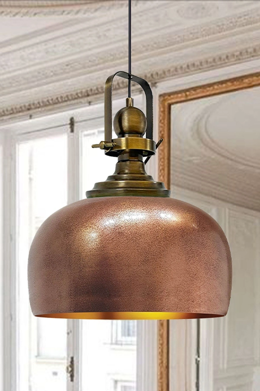 Bakır Rengi Eskitme Başlık Tekli Avize Salon Masaüstü Mutfak Cafe Tekli Sarkıt Lamba Vintage Kahverengi
