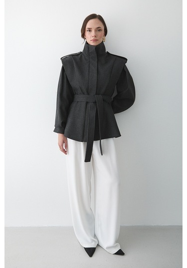 Antrasit Apoletli Vatkalı Kaşe Kaban - 1005 Antrasit