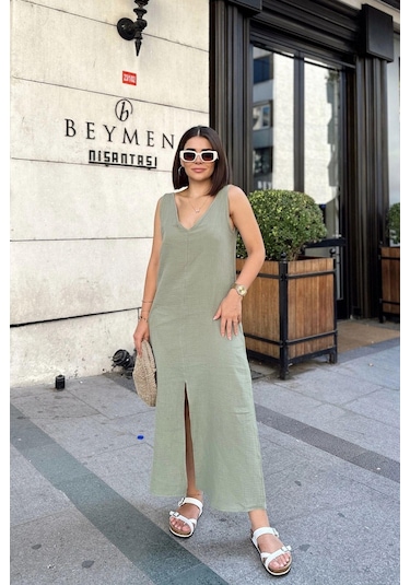 Haki Askılı İthal Müslin Kumaş, Önü Ve Arkası V Yaka, Önden Yırtmaçlı, Maksi/uzun Salaş Elbise Haki