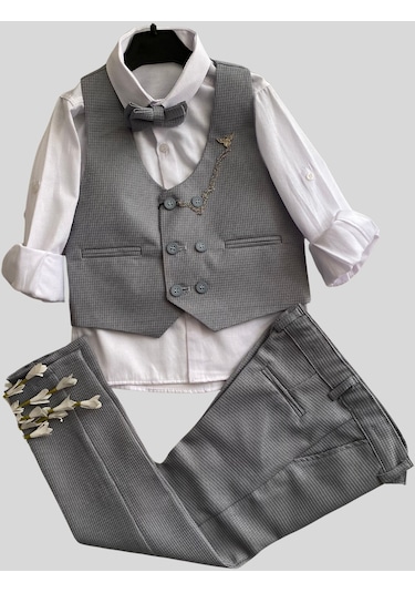 Matrix Yelekli Zincirli Erkek Çocuk Takım Elbise Gri