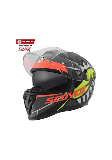 Scoyco FF-869 Shark Güneş Vizörlü Kapalı Kask Kırmızı - Neon Sarı - Siyah