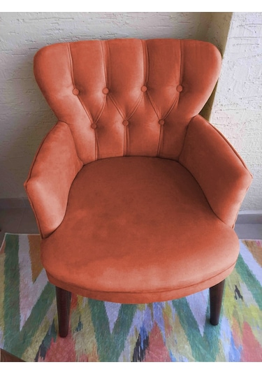 Kayser Home Berjer - Tekli Koltuk - Düz Renk Babyface Kumaş - Ahşap Ceviz Ayak - Turuncu Turuncu