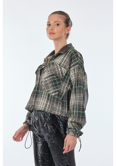 Unique Mode Düz Yaka Kareli Uzun Kollu Siyah Kadın Gömlek Uw23380 001