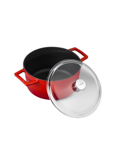 Lava Döküm Yuvarlak Tencere Çap Ø 24cm. Cam Kapaklı. Glaze Kırmızı Kırmızı