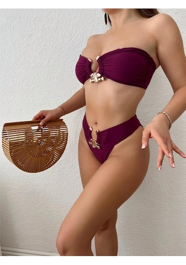 Pink Life Mürdüm Tokalı İtalyan Kumaş Bikini Takımı-mürdüm